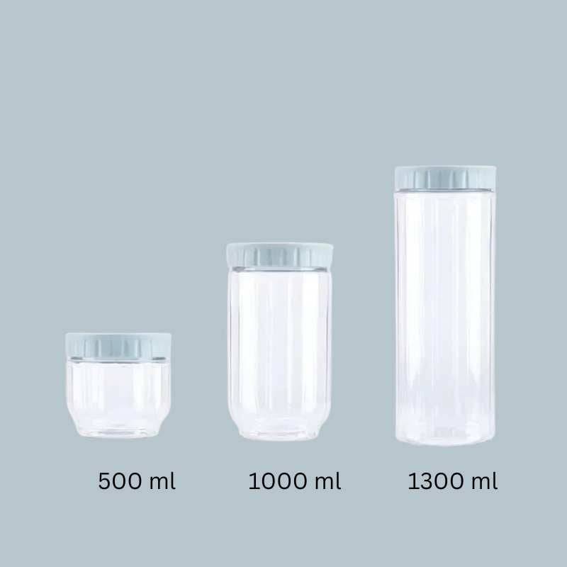 Stackable Plastic Storage Bottles in 500ml, 1000ml, and 1300ml sizes with blue lids, perfect for organizing dry food in kitchen cabinets.