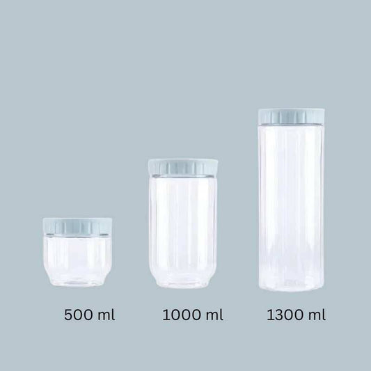 Stackable Plastic Storage Bottles in 500ml, 1000ml, and 1300ml sizes with blue lids, perfect for organizing dry food in kitchen cabinets.