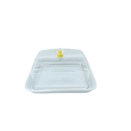 Acrylic Cover Butter Dish with ceramic base and decorative knob, ideal for keeping butter fresh and insect-free. Available at best price in Sri Lanka.