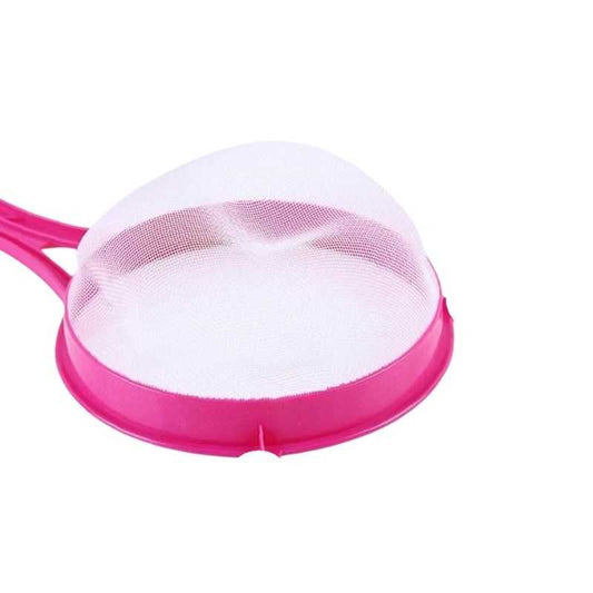 Pink Plastic Kitchen Strainer with fine mesh filter, 8 cm rim, perfect for tea or juice straining. Lightweight and portable kitchen accessory.