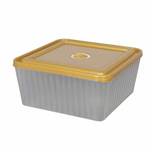 Plastic Food Storage Box Square 1.8 L with airtight golden lid and transparent ribbed body, ideal for kitchen and microwave use.