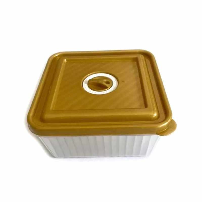 Top view of Plastic Food Storage Box Square 1.8 L featuring a secure golden lid with air release valve, perfect for food preservation.