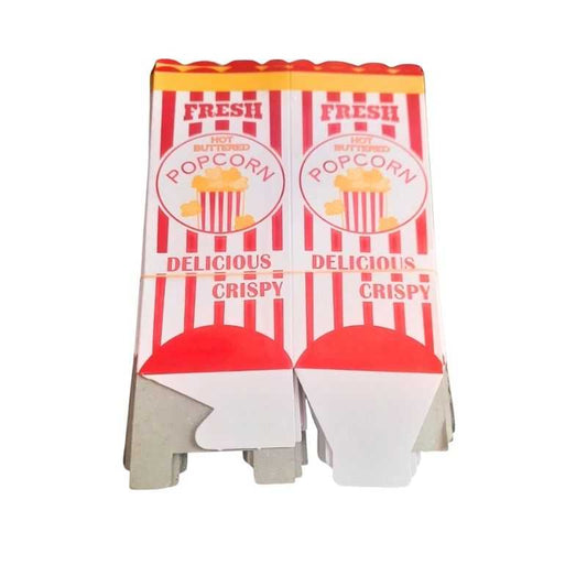 Set of 25 printed popcorn boxes with red and white stripes, labeled 'Fresh Hot Buttered Popcorn' for parties or events. Popcorn Boxes Price in Sri Lanka.
