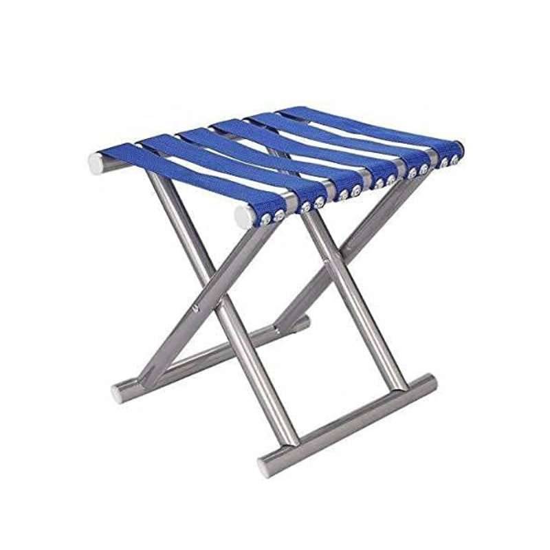 Folding Stool - Lightweight & Portable with blue fabric seat and durable steel frame, ideal for camping and outdoor use.