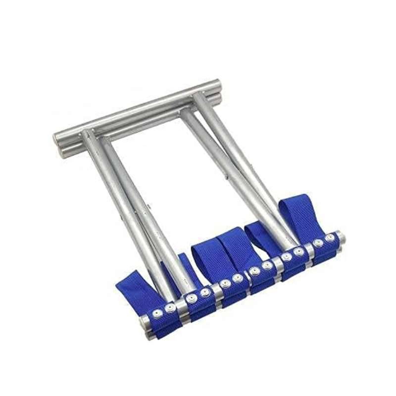 Compact folded view of the Portable Folding Stool showing its lightweight steel frame and blue straps for easy transport.