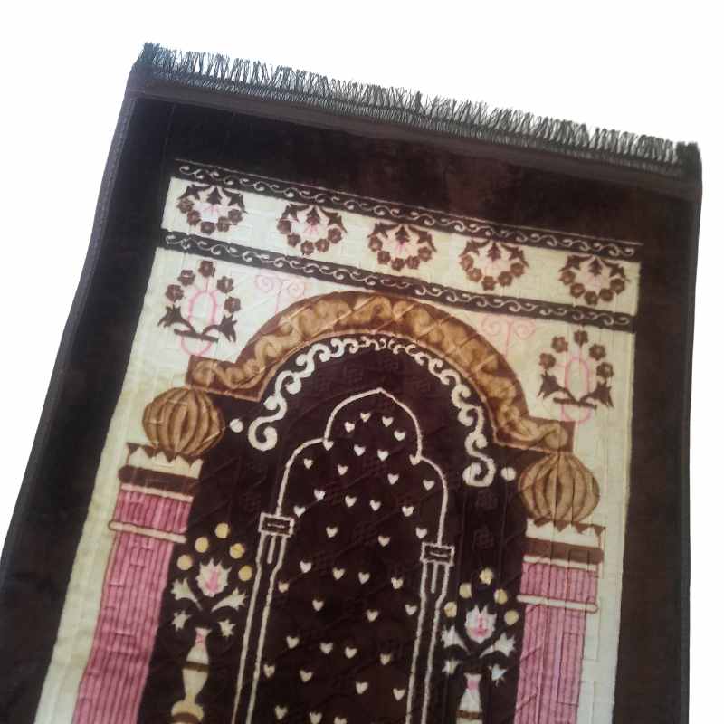 Close-up of brown prayer mat with soft texture and detailed floral patterns, perfect for daily use. Buy rugs & carpets in Sri Lanka at Bamagate.com.