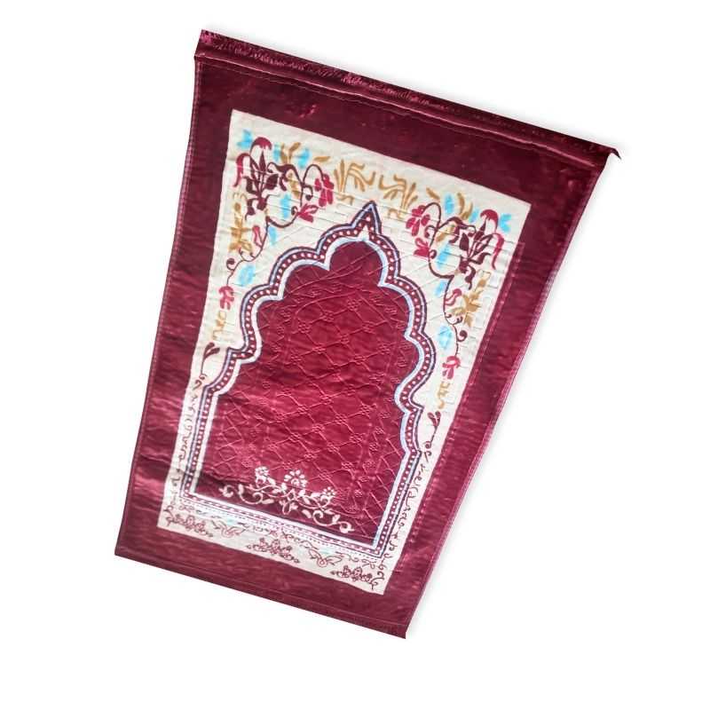 Muslim Prayer Mat 120 x 80 cm - Durable & Portable with maroon arch design and floral border, ideal for home or mosque flooring use.
