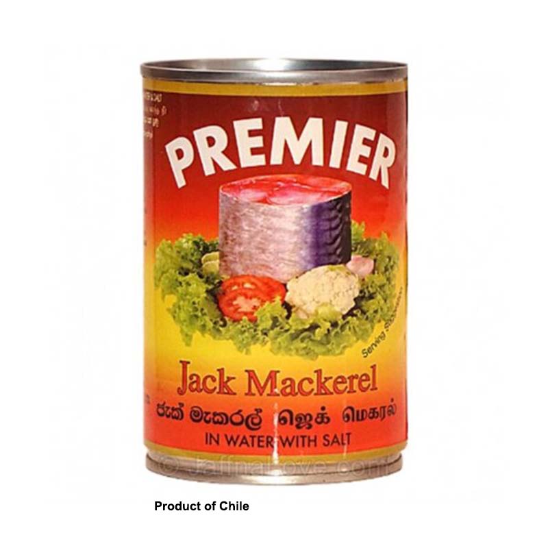 Premier Jack Mackerel 425g canned fish in water with salt, ideal for pantry storage and essential grocery needs in Sri Lanka.