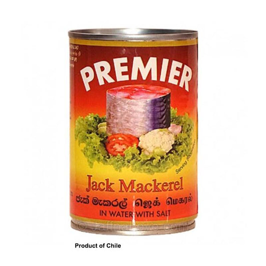 Premier Jack Mackerel 425g canned fish in water with salt, ideal for pantry storage and essential grocery needs in Sri Lanka.