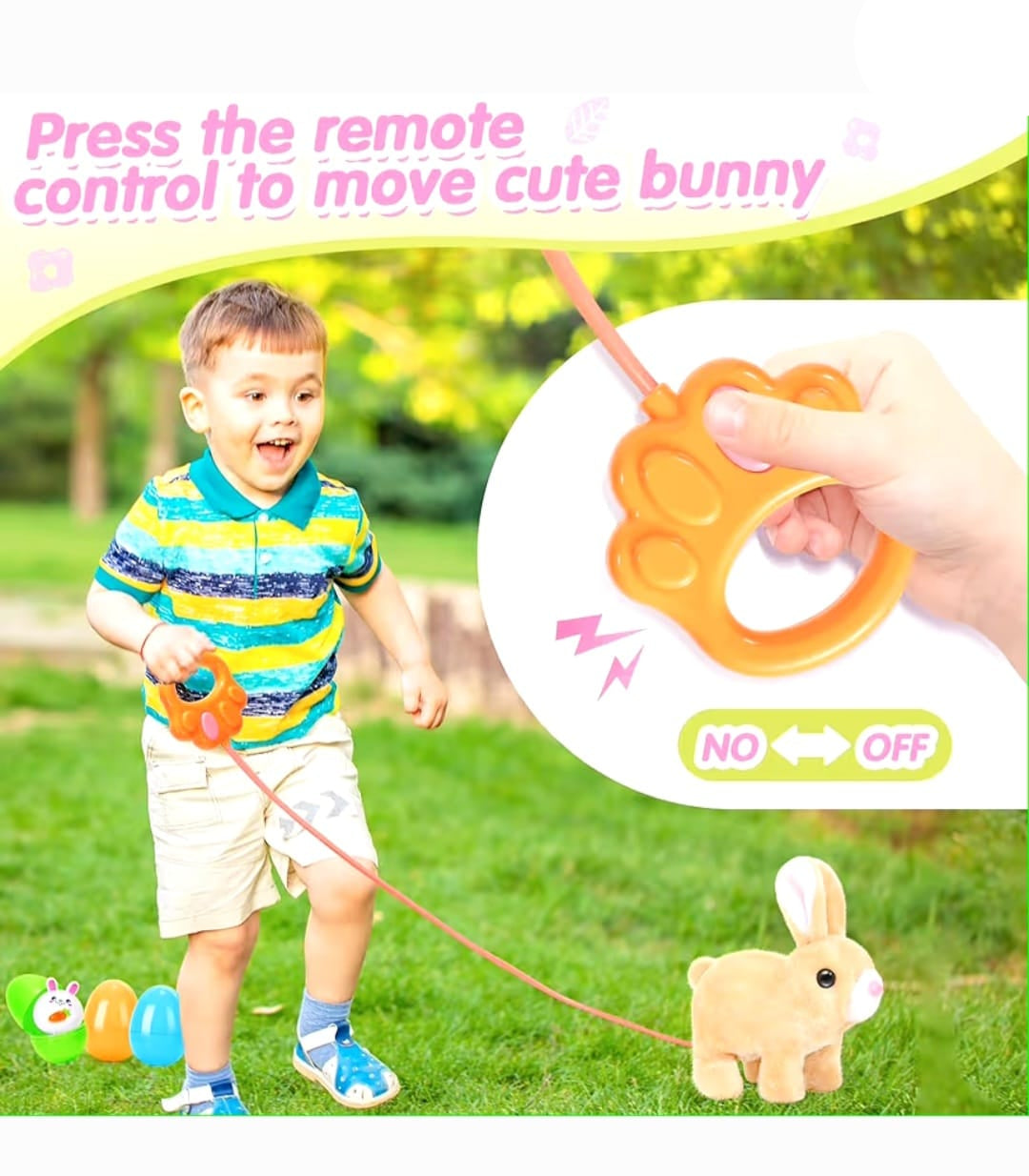 Child playing outdoors with Plush Toy Bunny Rabbit using remote control, demonstrating fun and engaging toy for kids in Sri Lanka.