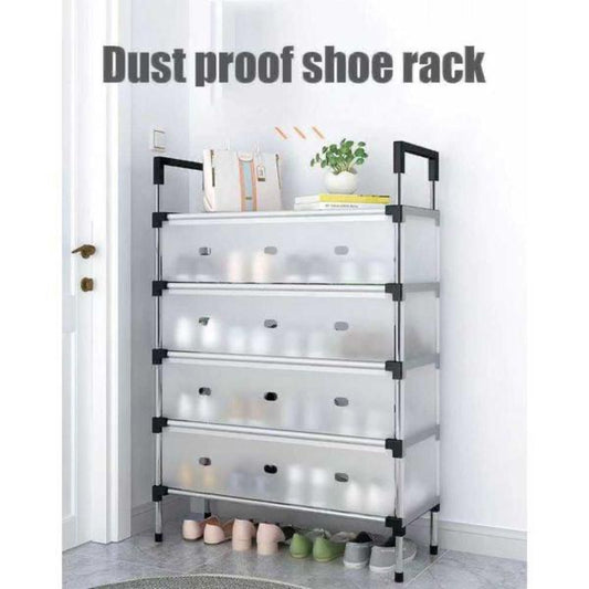 Shoe Rack with Dust Cover - 6 Layer Metal Storage featuring a sleek design with translucent flip doors, ideal for space-saving shoe organization.