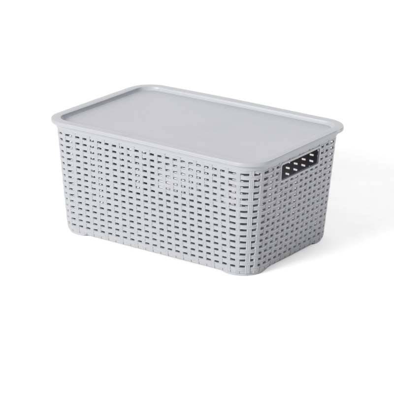 Light gray Rattan Deco Box 25L plastic storage basket with handles and lid, stackable for efficient home and garden organization.