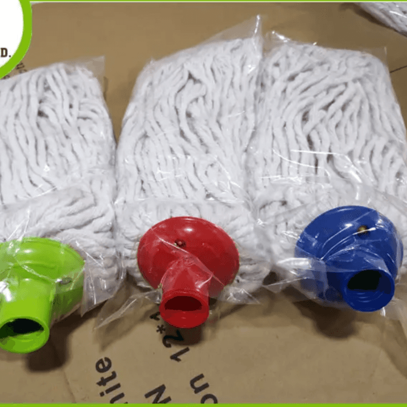 Set of three cotton thread mop head replacements in plastic wrap with red, green, and blue connectors for household cleaning.