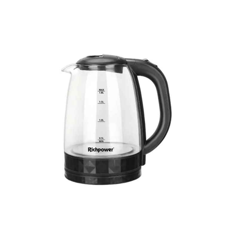 Richpower Glass Body Electric Kettle 1.8L with black handle and base, ideal for fast boiling in modern kitchens in Sri Lanka.