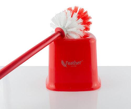 Toilet brush & holder set in vibrant red with ergonomic handle and durable bristles for efficient cleaning. Stylish and compact design for easy storage.