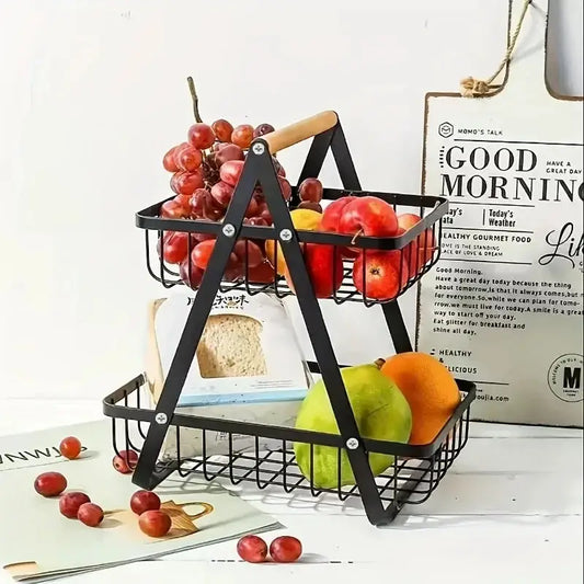 Stylish 2 Tier Kitchen Fruit Vegetable Basket with a durable steel frame, providing ample storage for fresh produce. Ideal for countertops and kitchen organization.