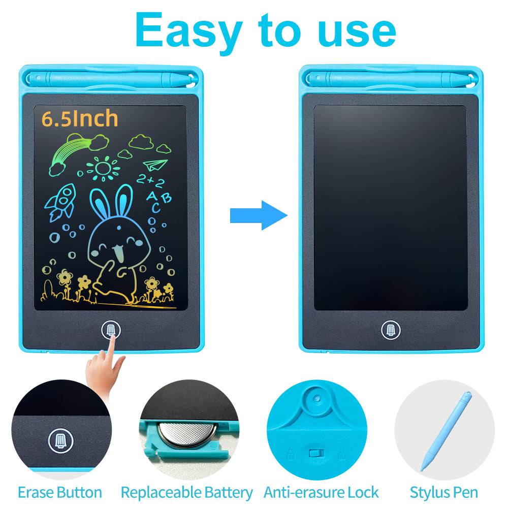 Easy-to-use 6.5-inch LCD writing tablet with erase button, replaceable battery, anti-erasure lock, and stylus pen. Great for kids' drawing and learning.