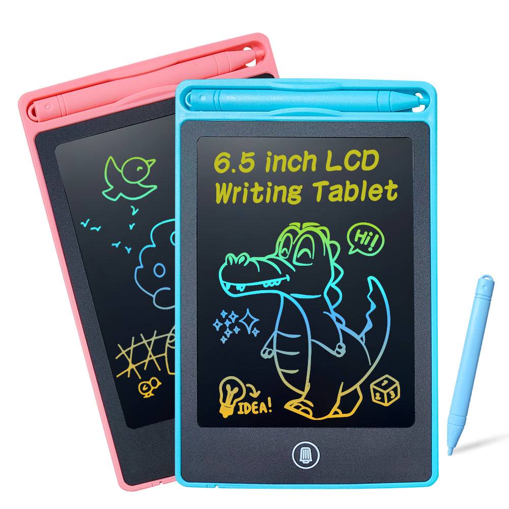 6.5-inch LCD writing tablet for kids in blue and pink, featuring colorful doodles and a stylus pen. Ideal for drawing, learning, and eco-friendly fun.