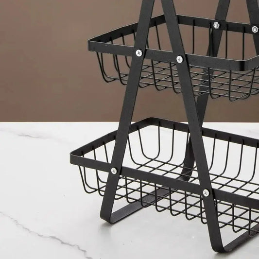 Close-up of the 2 Tier Steel Fruit Vegetable Basket showcasing its sturdy black metal frame and secure assembly. A durable and stylish kitchen storage solution.