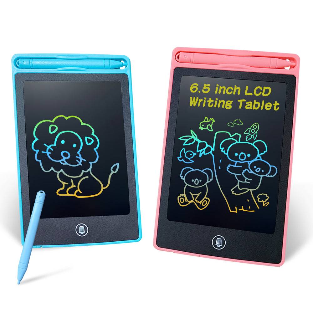Two 6.5-inch LCD writing tablets for kids in blue and pink, displaying animal drawings. Perfect for creative play, learning, and paper-free sketching.