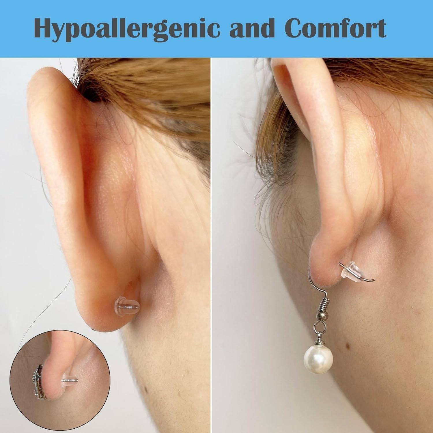 Silicone earring clasp shown in use on ear, highlighting hypoallergenic comfort and secure fit for daily wear.
