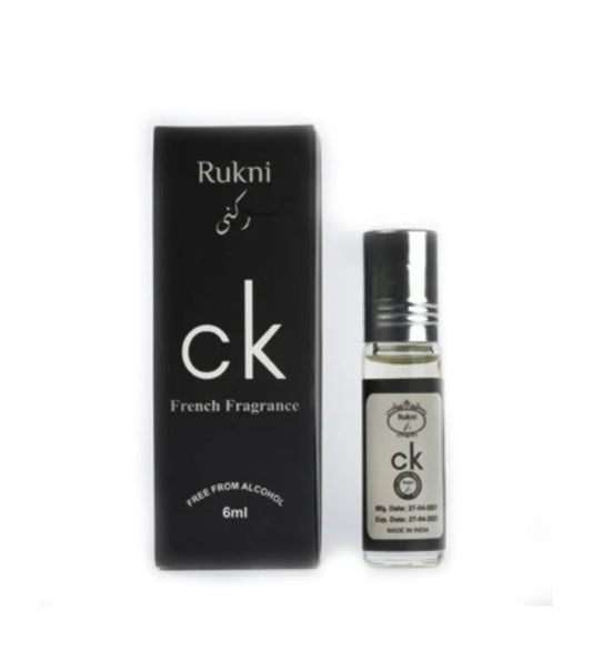 Rukni CK Roll-on French Fragrance 6ml pocket perfume with black packaging, alcohol-free, ideal for personal care and long-lasting scent.