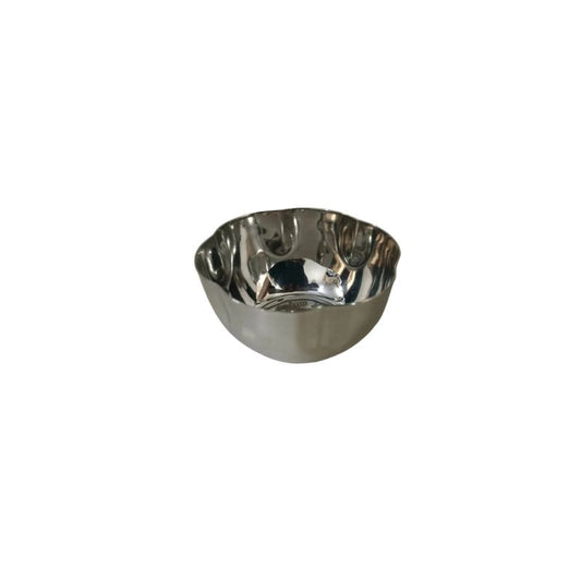 3" stainless steel dipping sauce bowl in a mini flower shape, ideal for serving condiments and spices in modern kitchen settings.
