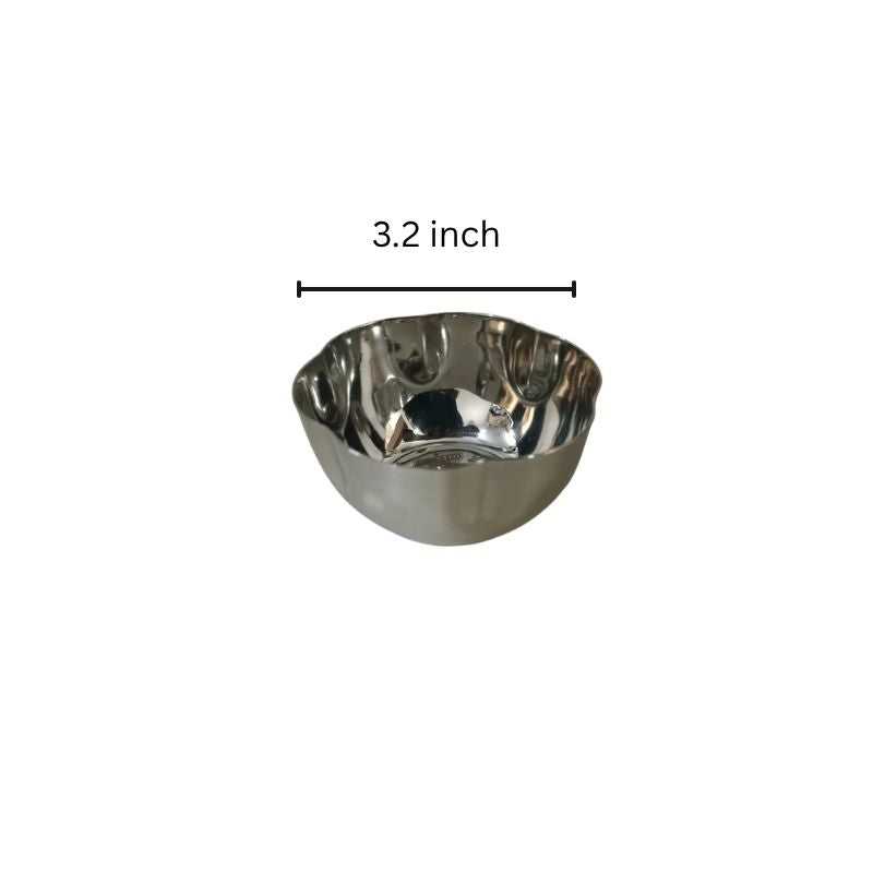 Stainless steel dipping sauce bowl with 3.2 inch diameter, mini flower shape design for compact condiment and spice serving.