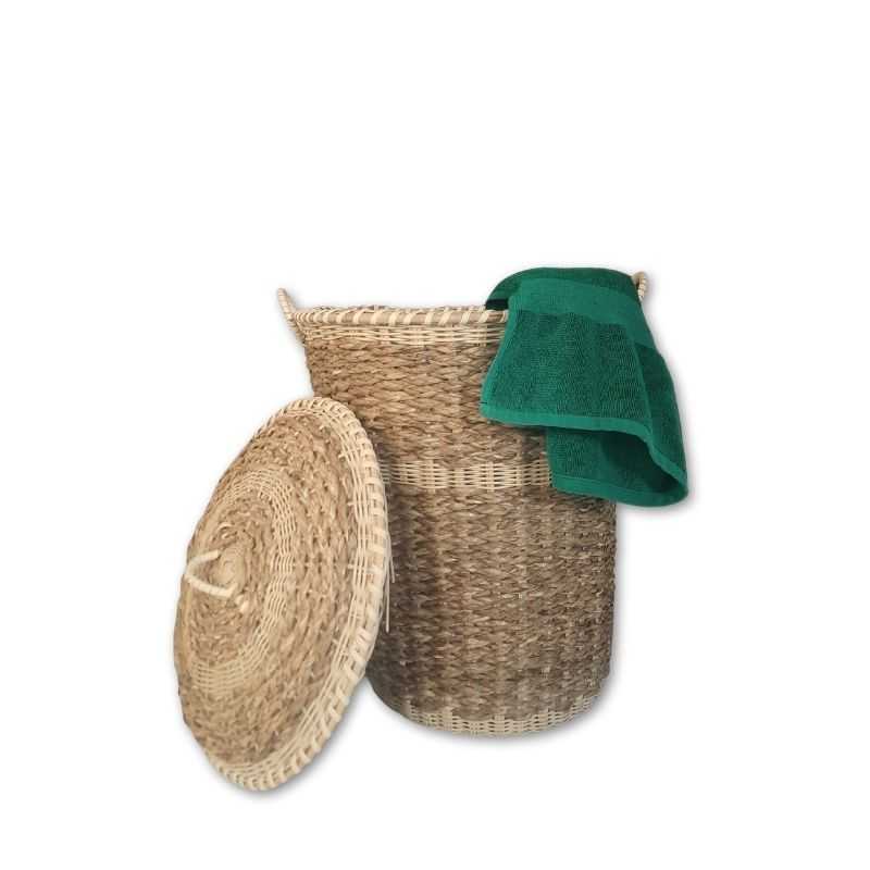 Open Eco Laundry Basket - Seagrass 15" with green towel, strong and eco-friendly storage for laundry in Home & Garden category.