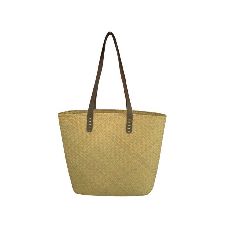 Natural Seagrass Tote Bag - Handmade Bag with brown leather straps, lightweight and roomy for daily use or beach outings.