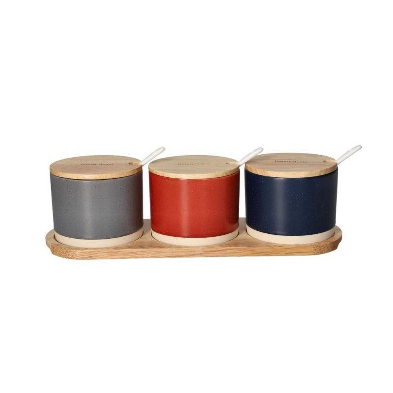 3PCS Ceramic Jar Set for seasoning storage with wooden lids and spoons on a wooden tray. Ideal spice bottle set for compact kitchen organization.