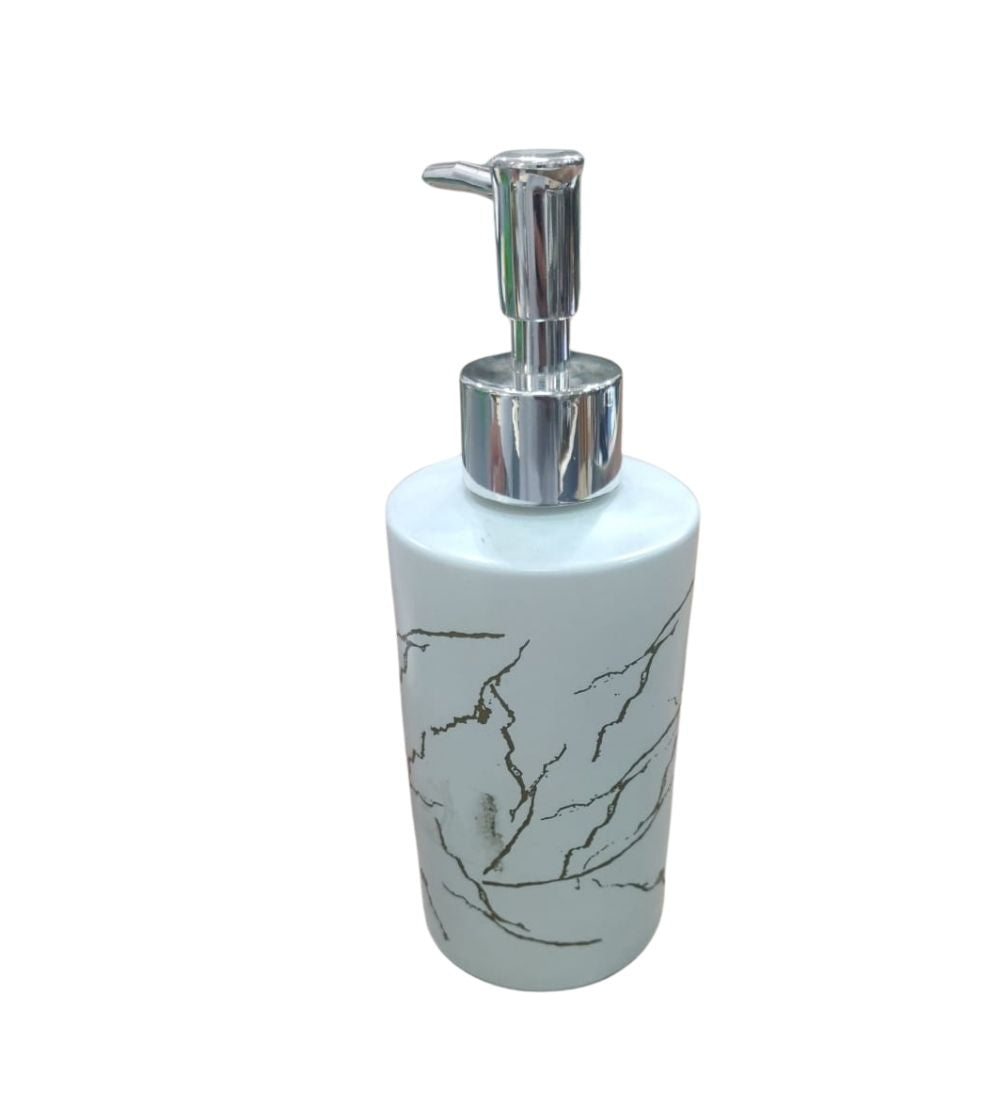 Elegant marble white 320ml shampoo dispenser with chrome pump, perfect for modern bathroom accessories and room essentials.