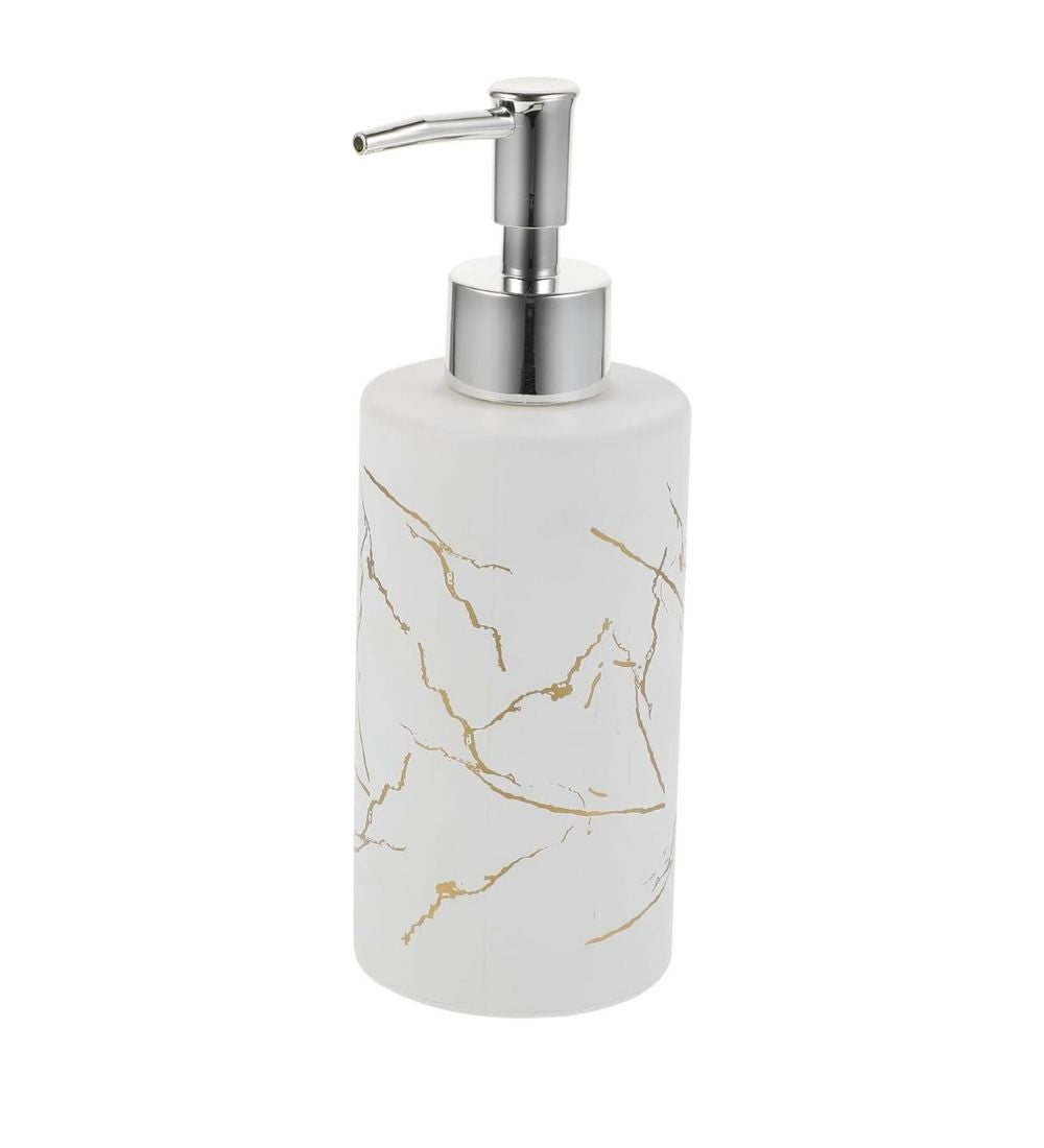 320ml glass shampoo bottle in marble white with silver pump, ideal for elegant bathroom decor and daily hair care use.