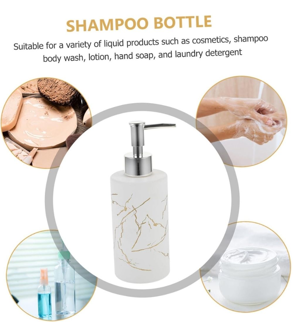 Durable 320ml marble white shampoo bottle shown with usage examples for lotion, soap, and detergent in home and bathroom settings.