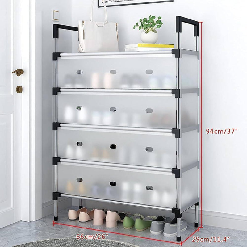 Space-saving 6 Layer Metal Shoe Rack with Dust Cover measuring 94cm tall, perfect for organizing footwear in compact home entryways or closets.
