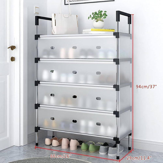 Space-saving 6 Layer Metal Shoe Rack with Dust Cover measuring 94cm tall, perfect for organizing footwear in compact home entryways or closets.