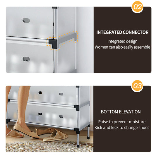 Close-up of 6 Layer Metal Shoe Rack with Dust Cover highlighting elliptical handles, integrated connectors, and elevated base for moisture protection.