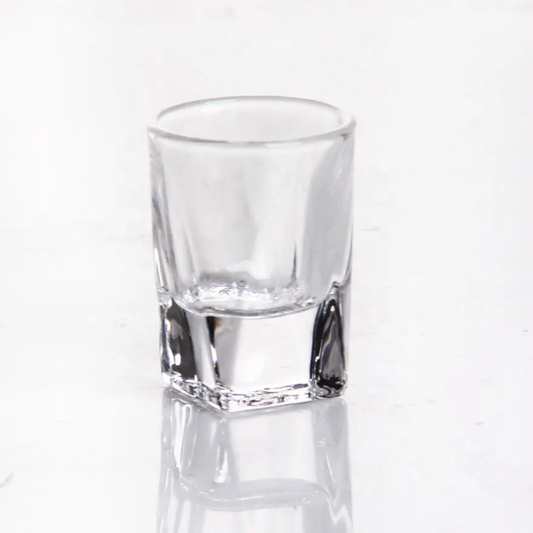 Clear heavy base shot glass with thick bottom, part of 6 pack set from Bamagate.com. Ideal for barware or party drinkware collections.