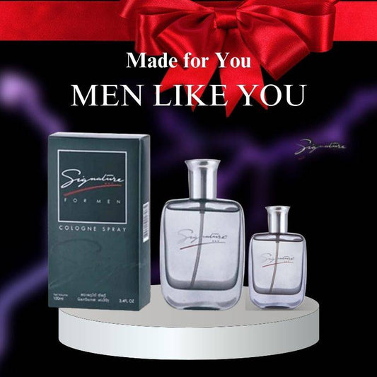 Cologne & Aftershave Gift Set - Signature | 100ml & 50ml for men featuring elegant glass bottles and boxed packaging on display stand.