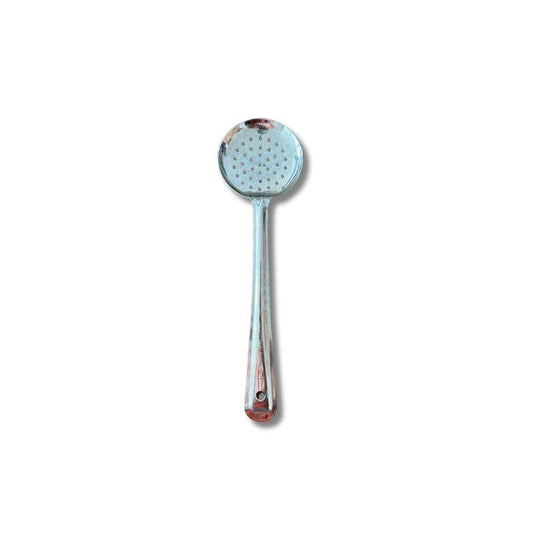 Stainless Steel Skimmer Spoon #4 with slotted head for draining oil. Durable kitchen utensil ideal for frying and curry preparation.