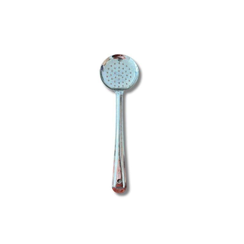 Stainless Steel Skimmer Spoon #4 with slotted head for draining oil. Durable kitchen utensil ideal for frying and curry preparation.