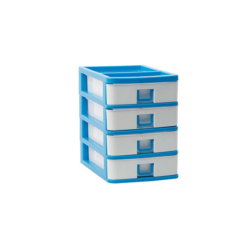 Plastic Desktop Drawer - 4 Layer Storage in blue and white, ideal for organizing office supplies or home essentials on desks or shelves.
