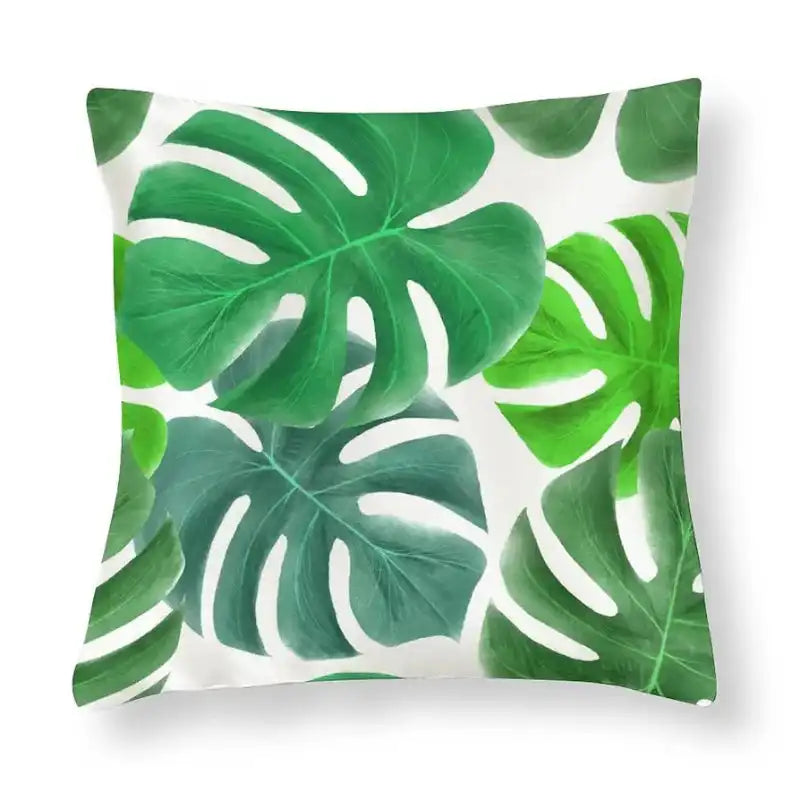 Green Leaf Cushion Cover 45x45 cm Polyester with tropical monstera leaf print in vibrant green shades on white background, ideal for sofa decor.
