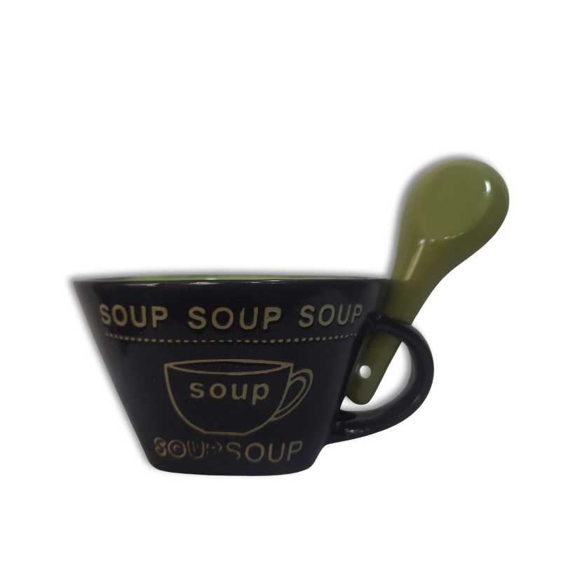 Porcelain soup bowl in black with green spoon resting in handle, perfect for kitchen and dining use. Find soup cup price in Sri Lanka.
