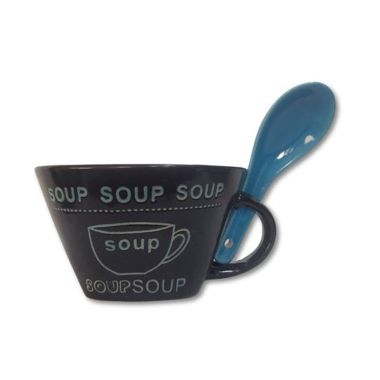 Black soup cup with blue spoon and printed soup design, stylish drinkware for home kitchens. Buy Soup Cup Porcelain with Spoon in Sri Lanka.