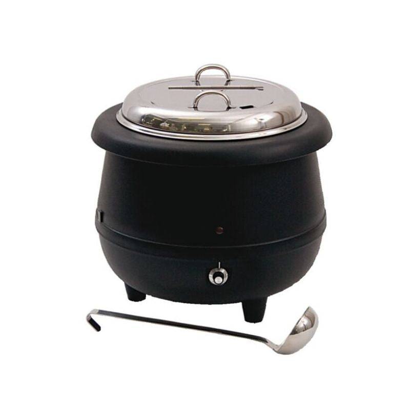 Soup Pot 39cm Ladle - Stainless Steel Ladle with ergonomic handle shown beside a black electric soup warmer. Ideal for serving soups in kitchens.