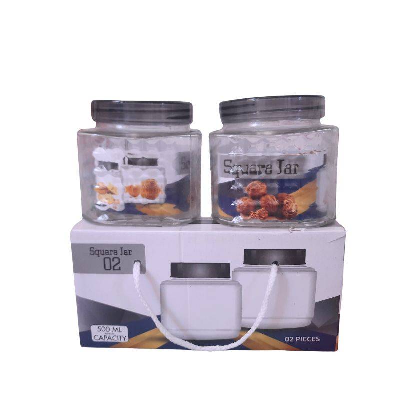 Pack of 2 Square Glass Storage Jars 500ml with airtight lids, ideal for kitchen storage of dry foods and spices. Comes in a box with carrying handle.