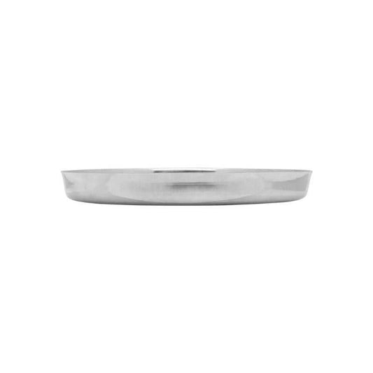Side view of 30 cm stainless steel dinner plate showing its depth and sturdy rim. Great for serving snacks or full meals.