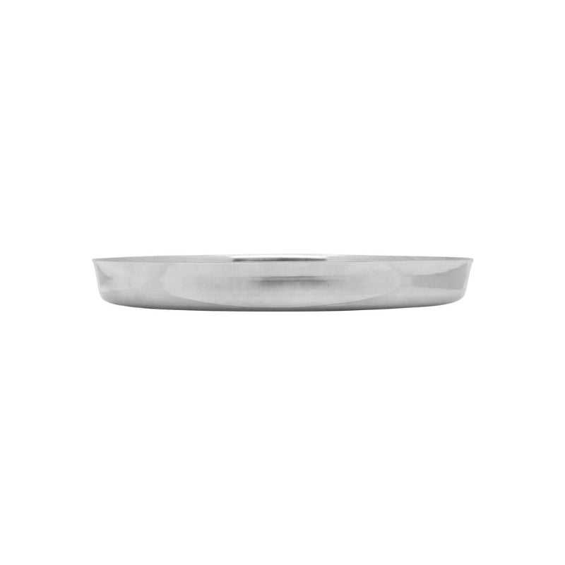 Side view of 27 cm stainless steel dinner plate with polished mirror finish, showcasing its sleek and durable design.