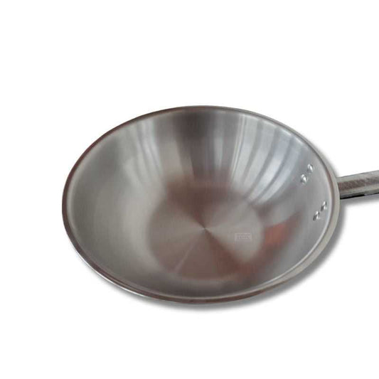 Versatile Stainless Steel Kadai Pan with riveted handle and deep base, designed for efficient heat distribution in everyday cooking.